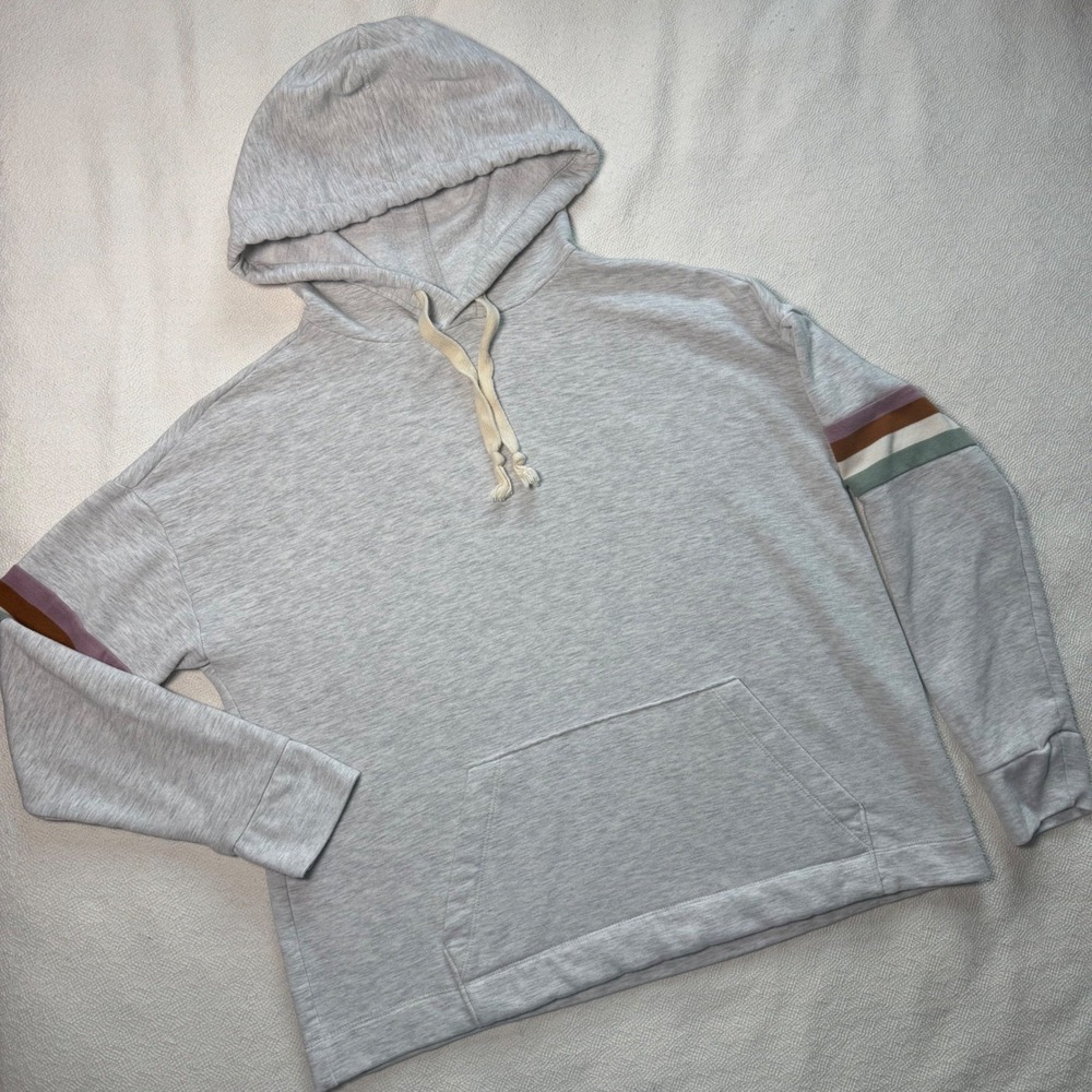 Madewell MWL Gray Heather Striped Sleeve Hoodie Sweatshirt XS